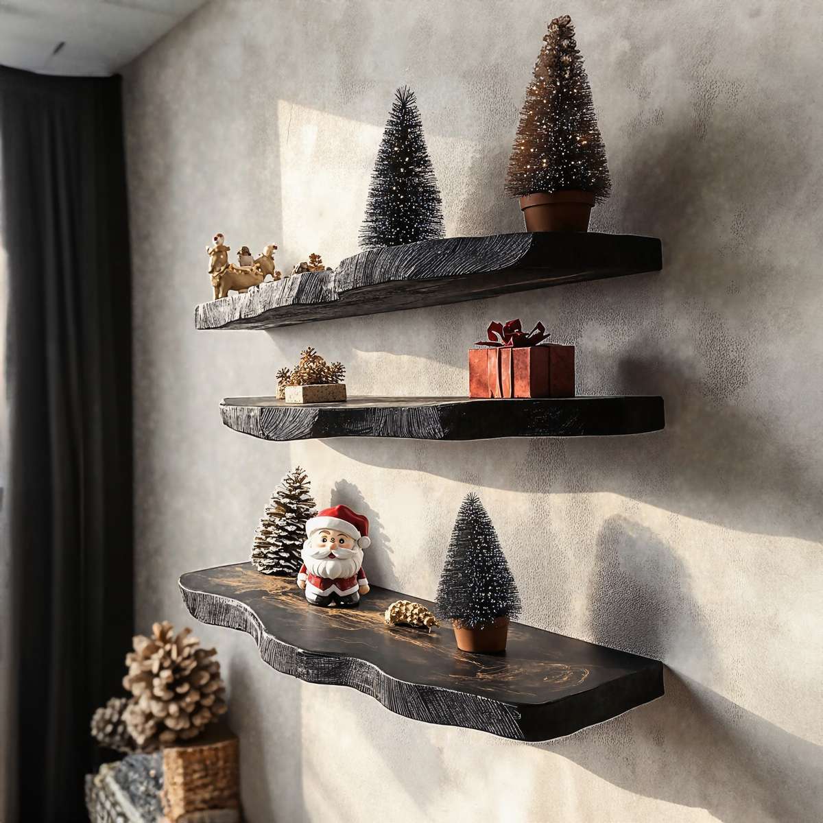 Black Floating Shelf, Live Edge Wood Wall Shelf for Holiday Décor