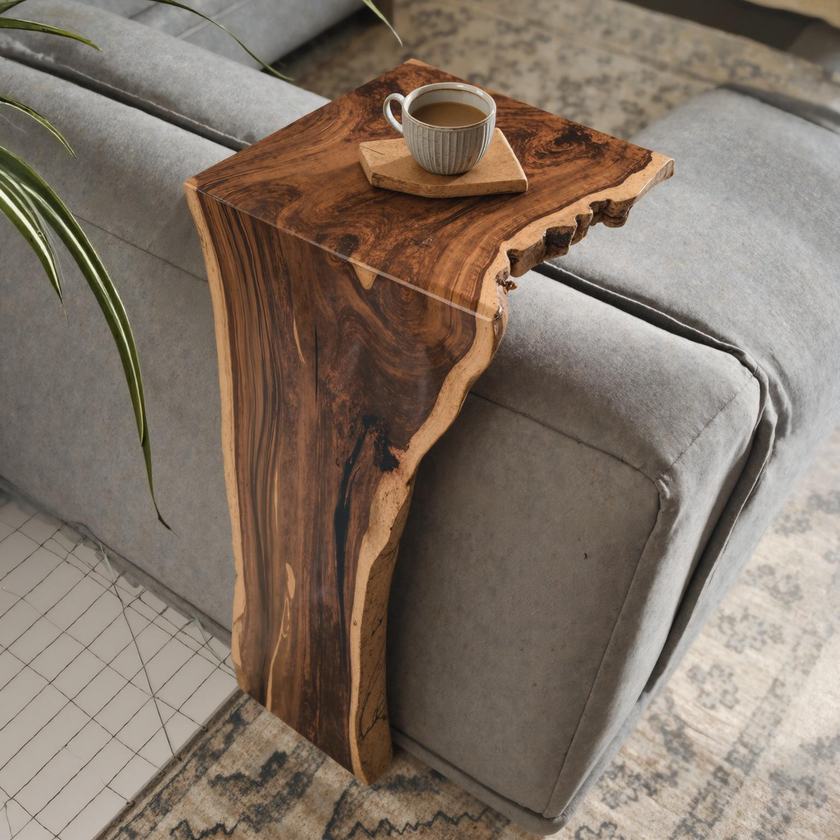 Sofa Armrest Table, Farmhouse Waterfall Wood Tray for Couch Arms