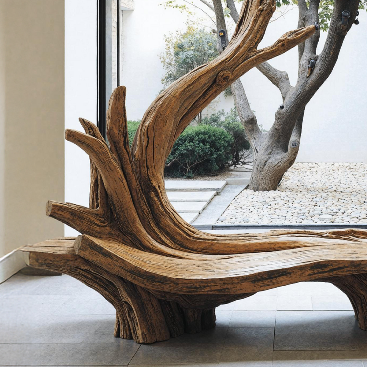 Live Edge Branch Bench, Sculptural Solid Wood Patio and Entryway Bench