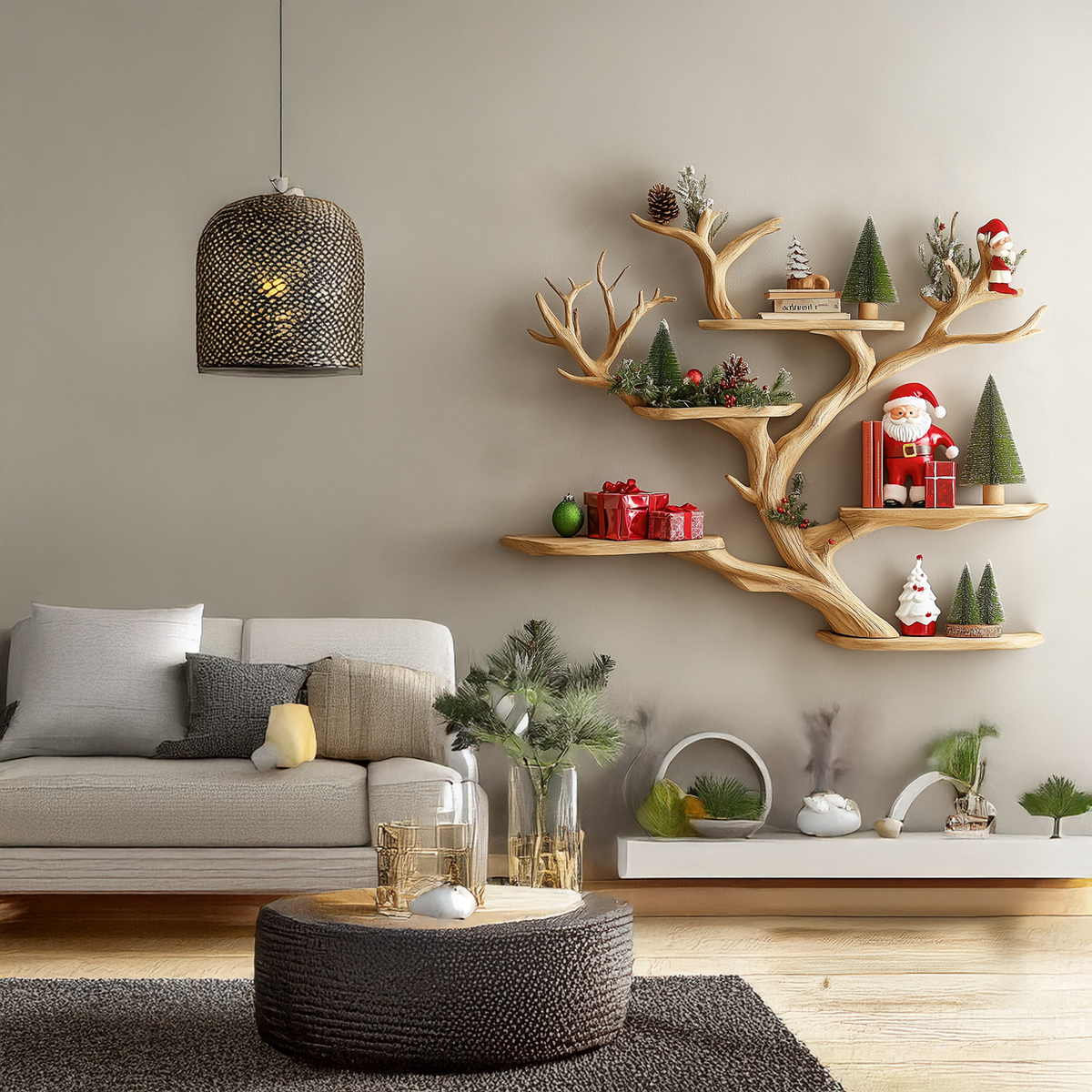 Tree Branch Corner Shelf, Floating Mid Century Wood Bookshelf