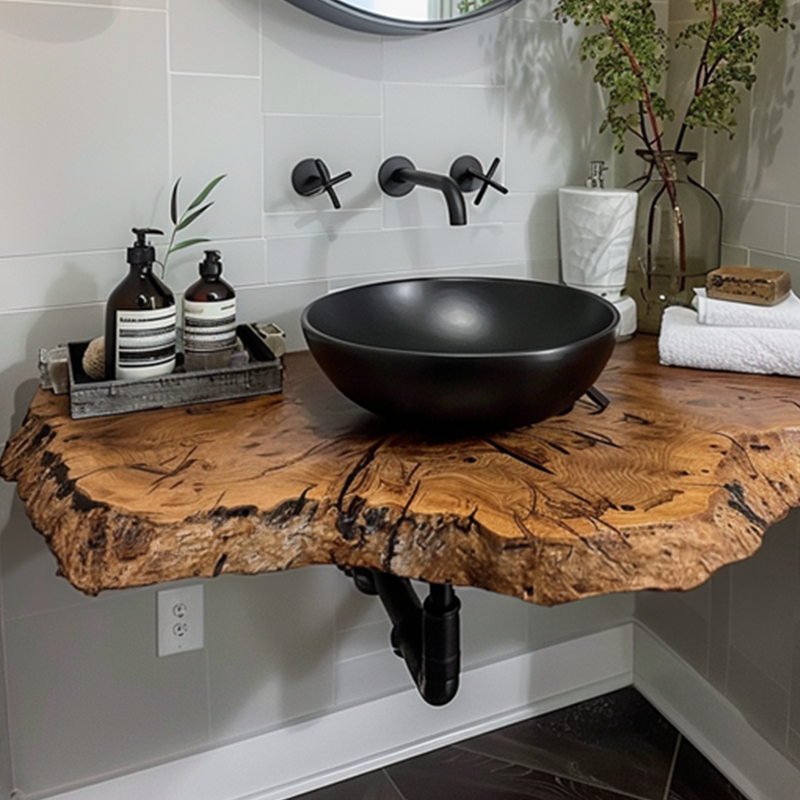 Rustic Floating Vanity Shelf, Live Edge Wood Counter for Small Baths