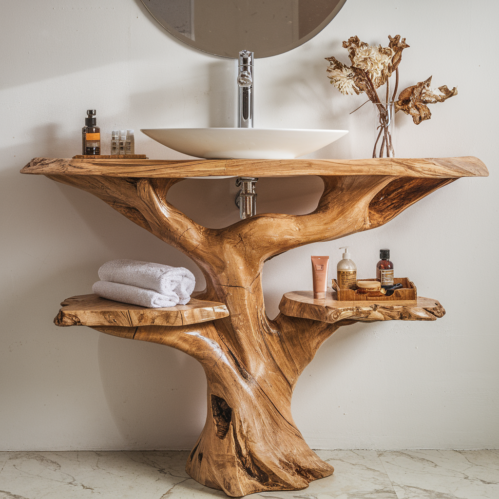 Floating Bathroom Vanity, Handcrafted Live Edge Wood Countertop