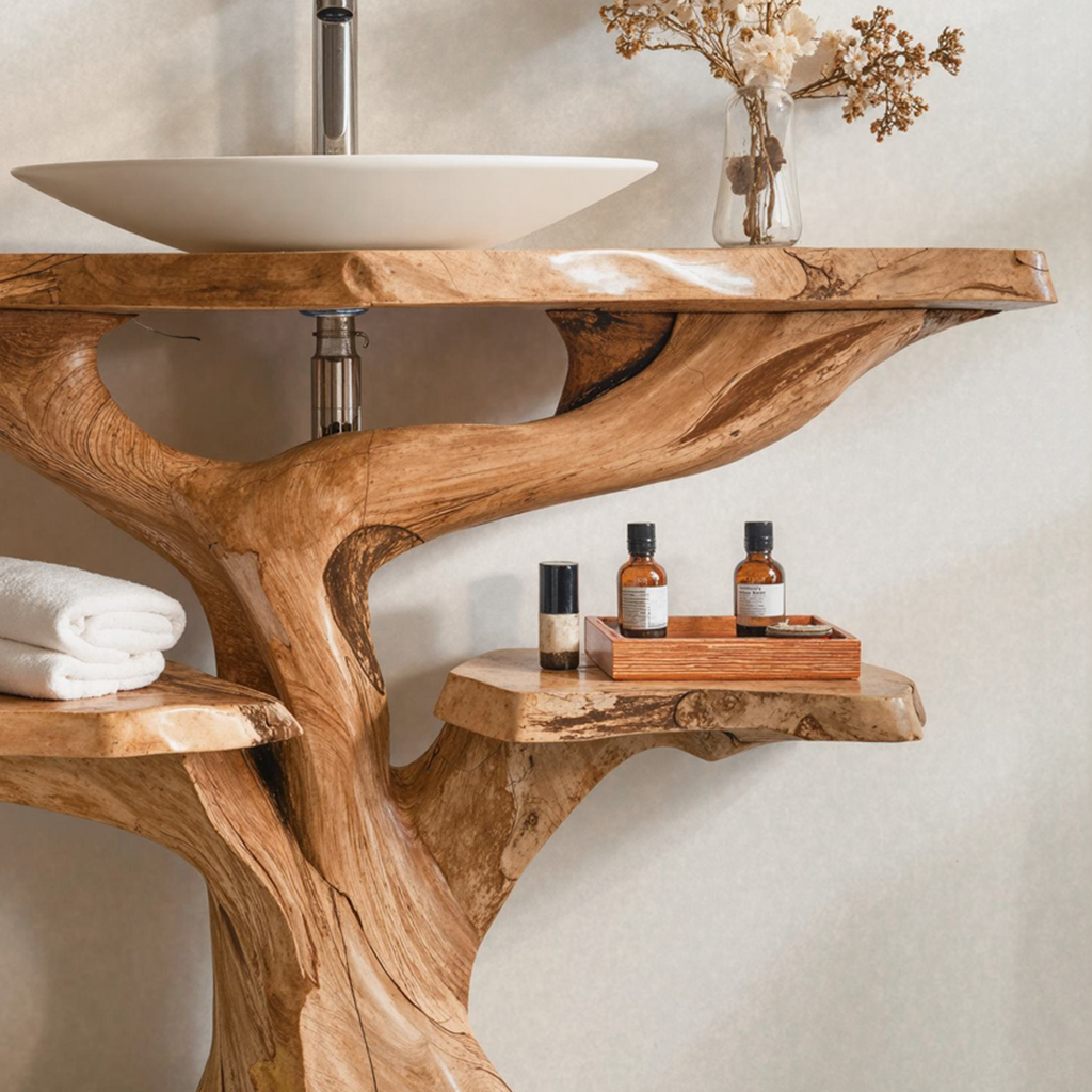 Floating Bathroom Vanity, Handcrafted Live Edge Wood Countertop