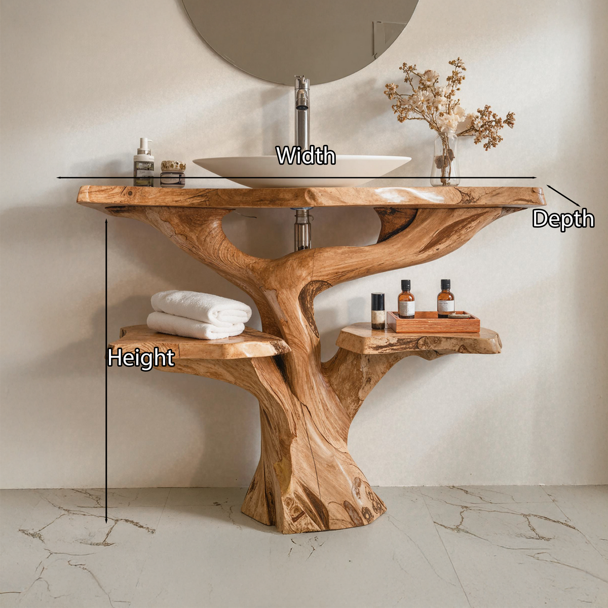 Floating Bathroom Vanity, Handcrafted Live Edge Wood Countertop