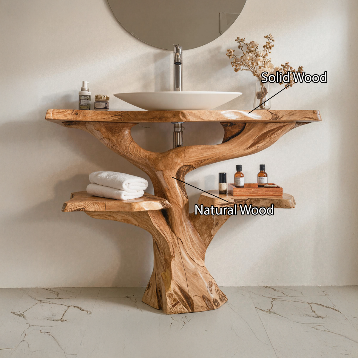 Floating Bathroom Vanity, Handcrafted Live Edge Wood Countertop