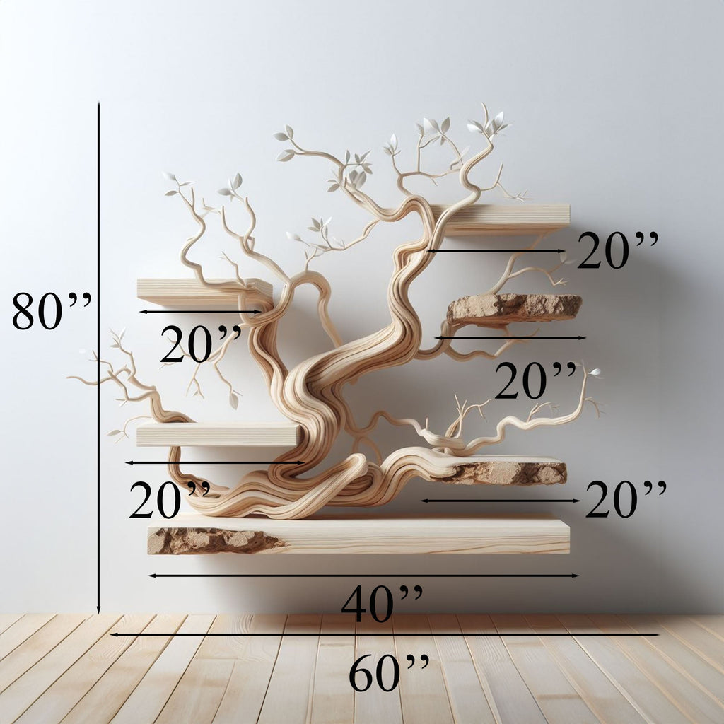 Tree Branch Bookshelf with Live Edge Floating Shelves, Driftwood Decor