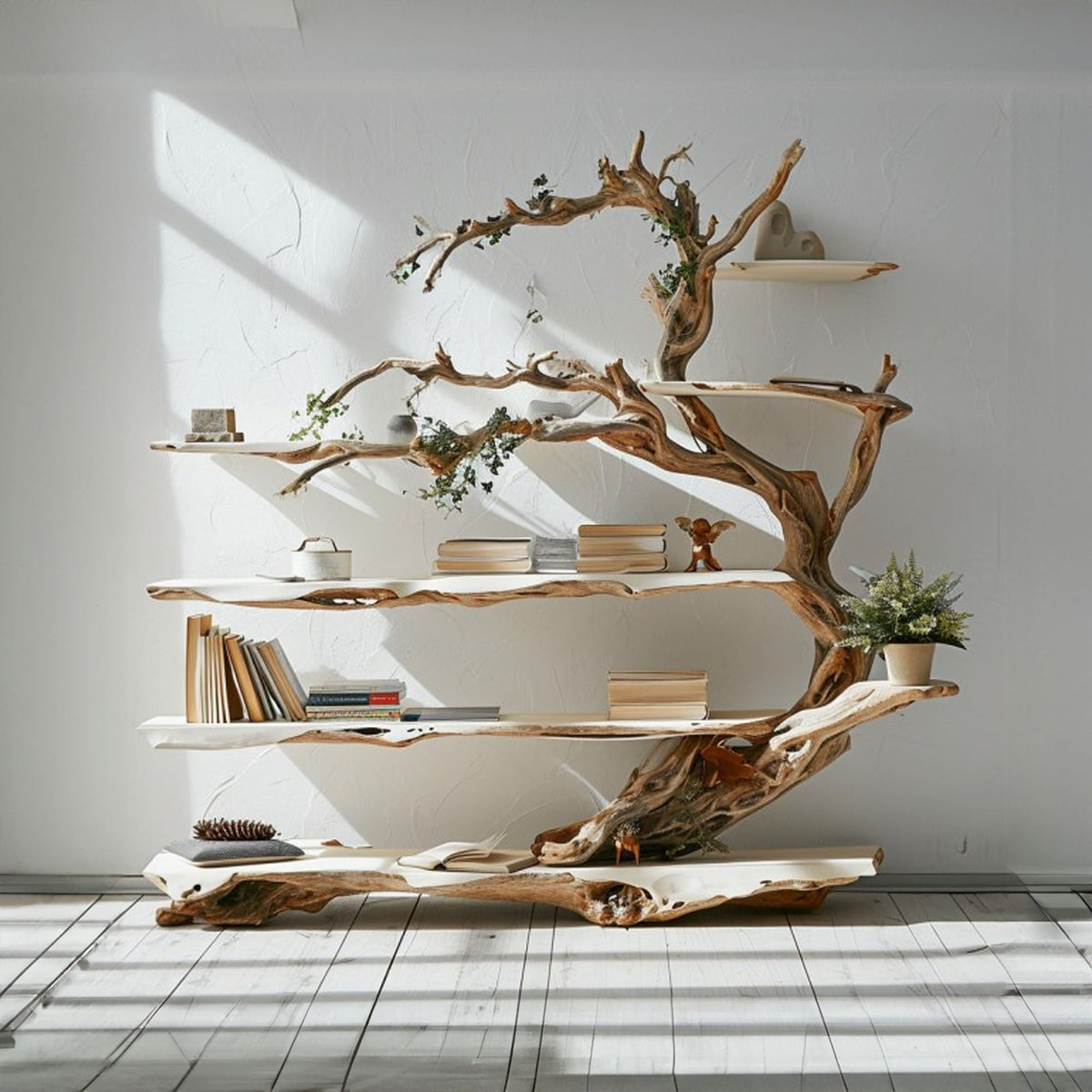 Standing Tree Branch Corner Shelf, Farmhouse Live Edge Display