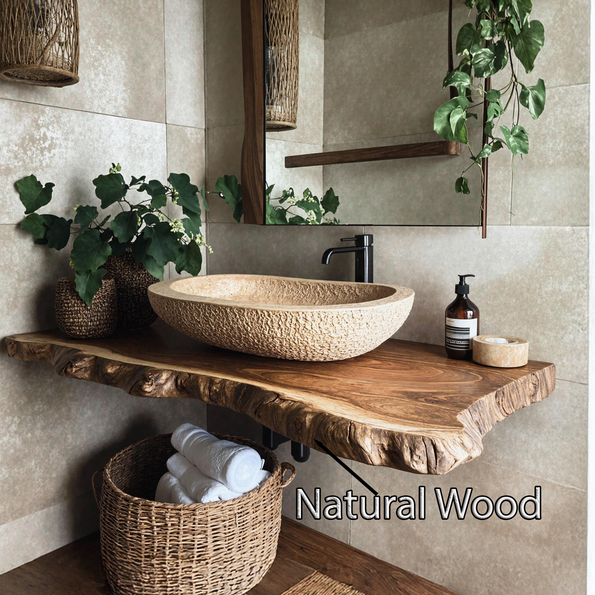 Rustic Floating Vanity Shelf, Thick Solid Wood Bathroom Sink Slab