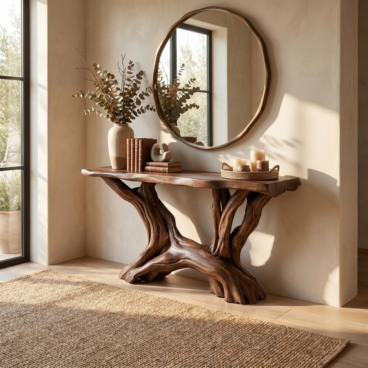 Console Table, Coastal Rustic Solid Wood Entryway Table with Shelves