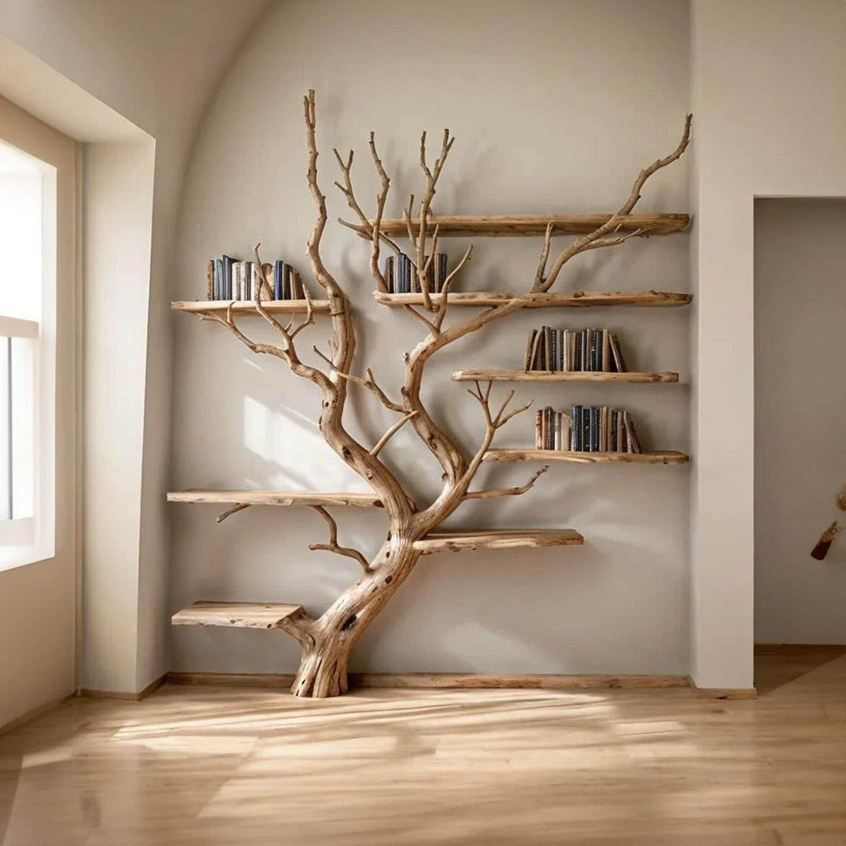 Tall Tree Bookshelf, Wall Mount Solid Wood Bookcase with Branches