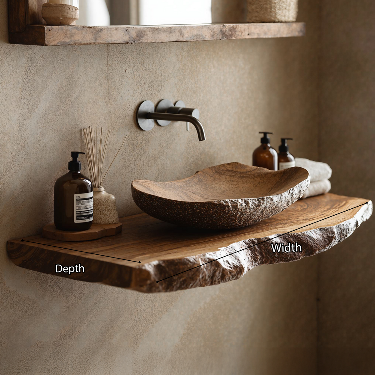 Live Edge Bathroom Vanity Shelf, Solid Wood Vessel Sink Countertop