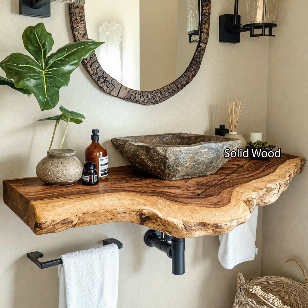 Floating Bathroom Vanity Shelf, Thick Live Edge Wood Sink Countertop