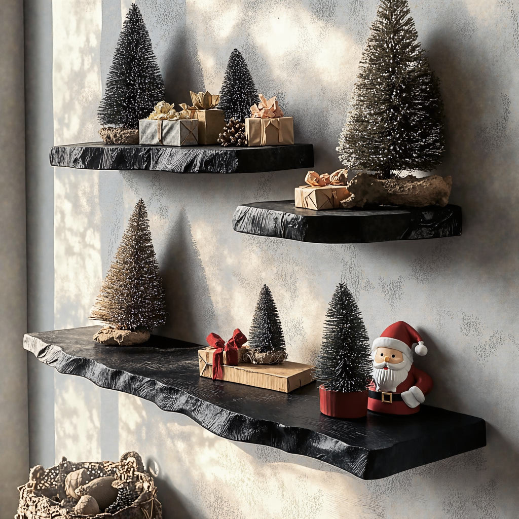 Black Floating Shelf, Live Edge Wood Wall Shelf for Holiday Décor