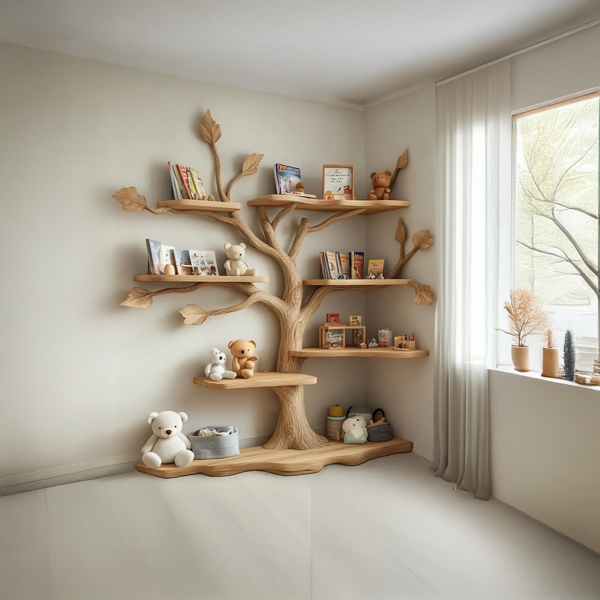 Tree Bookshelf for Kids Room, Handmade Branch Shelf and Clothes Rack