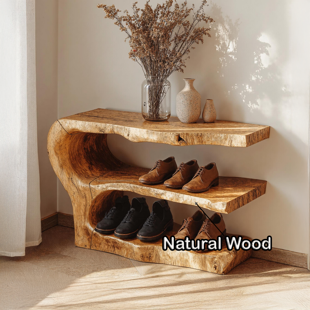 3-Tier Shoe Rack Bench, Rustic Solid Wood Entryway Storage