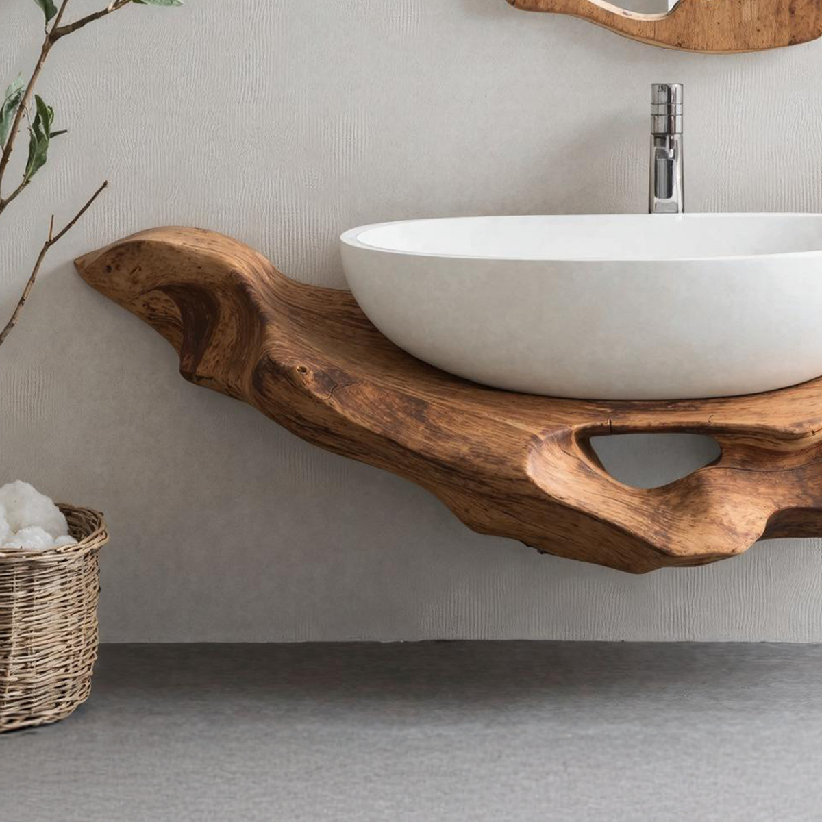 Live Edge Floating Vanity Shelf, Mid Century Solid Wood Bathroom