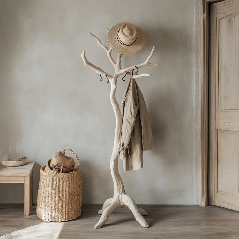 Tree Branch Coat Rack, Driftwood Solid Wood Clothes Rack with Hooks