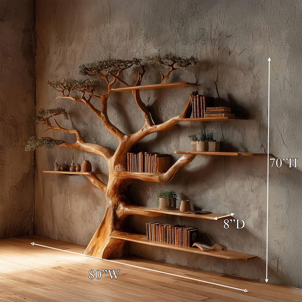 Rustic Tree Bookshelf, Wide Branch Library Wall for Living Rooms