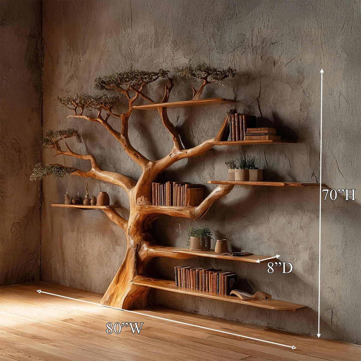 Rustic Tree Bookshelf, Wide Branch Library Wall for Living Rooms