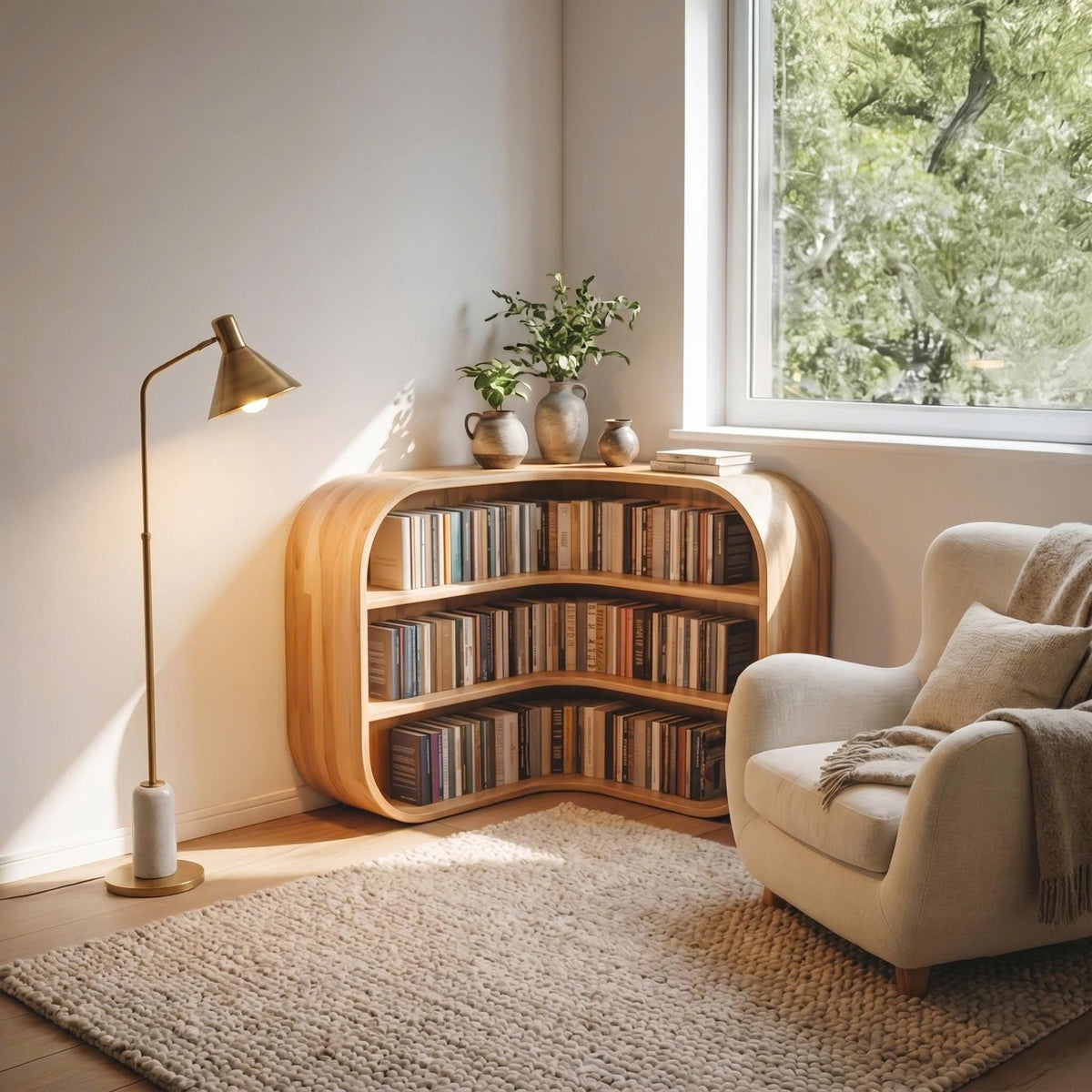 Mid Century Corner Bookshelf, Sculptural Solid Wood Shelf for Study